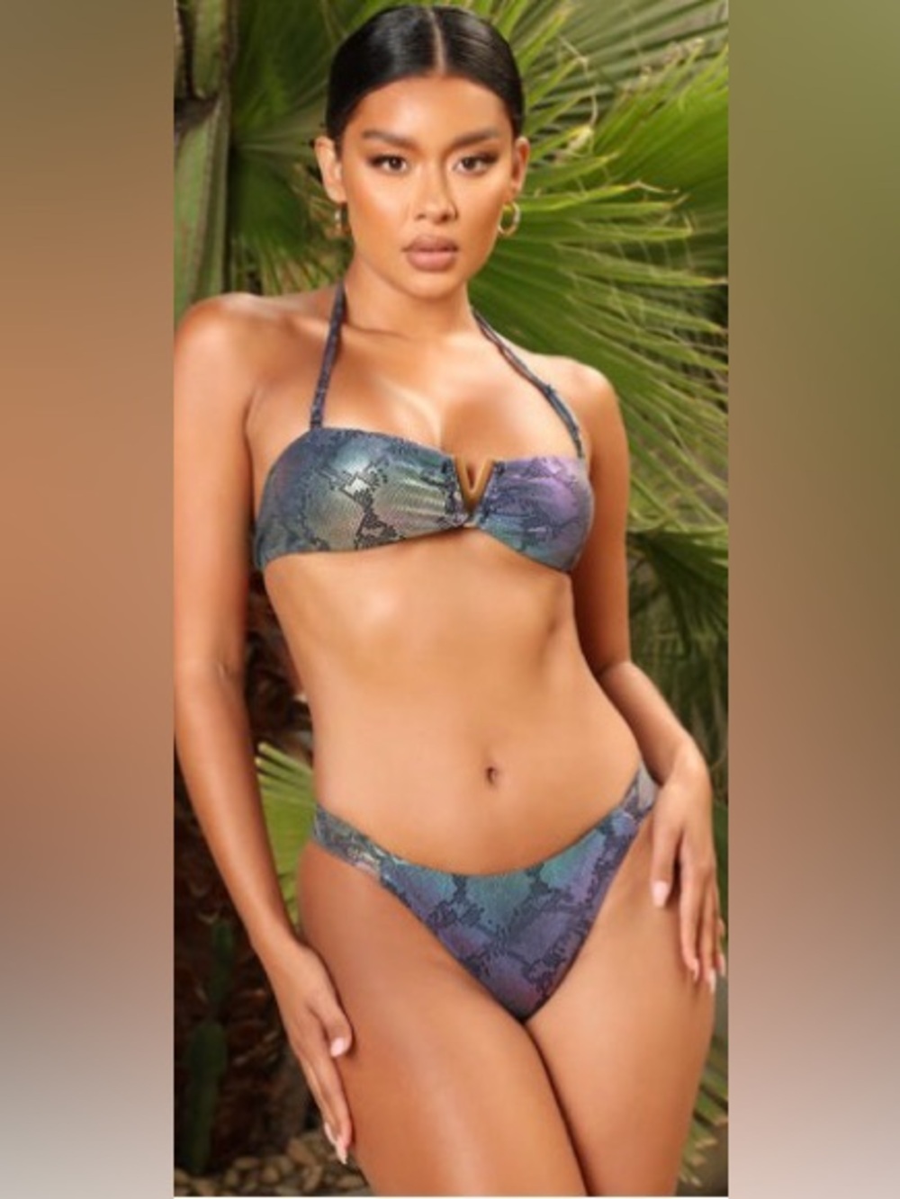 Snake-Print Bandeau Bikini Set in Green-Purple - Picture 1 of 3